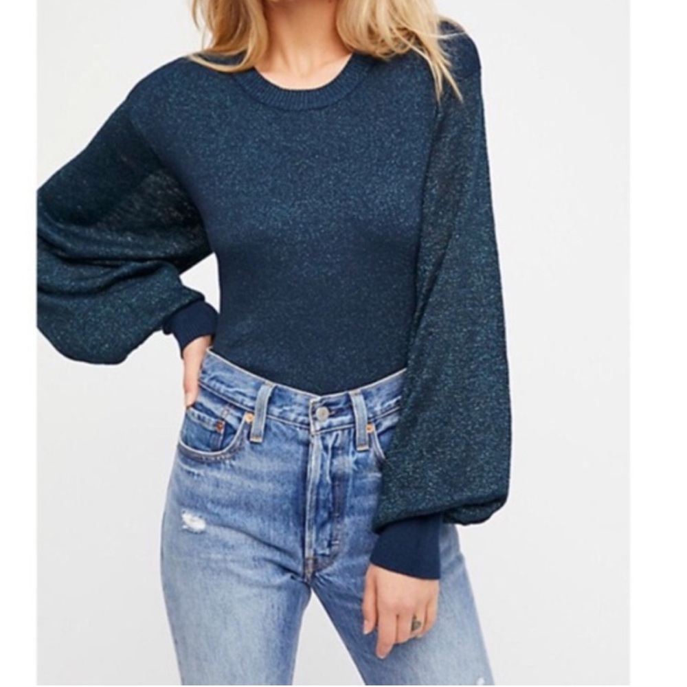 FREE PEOPLE let it shine teal blue metallic sweater top shirt